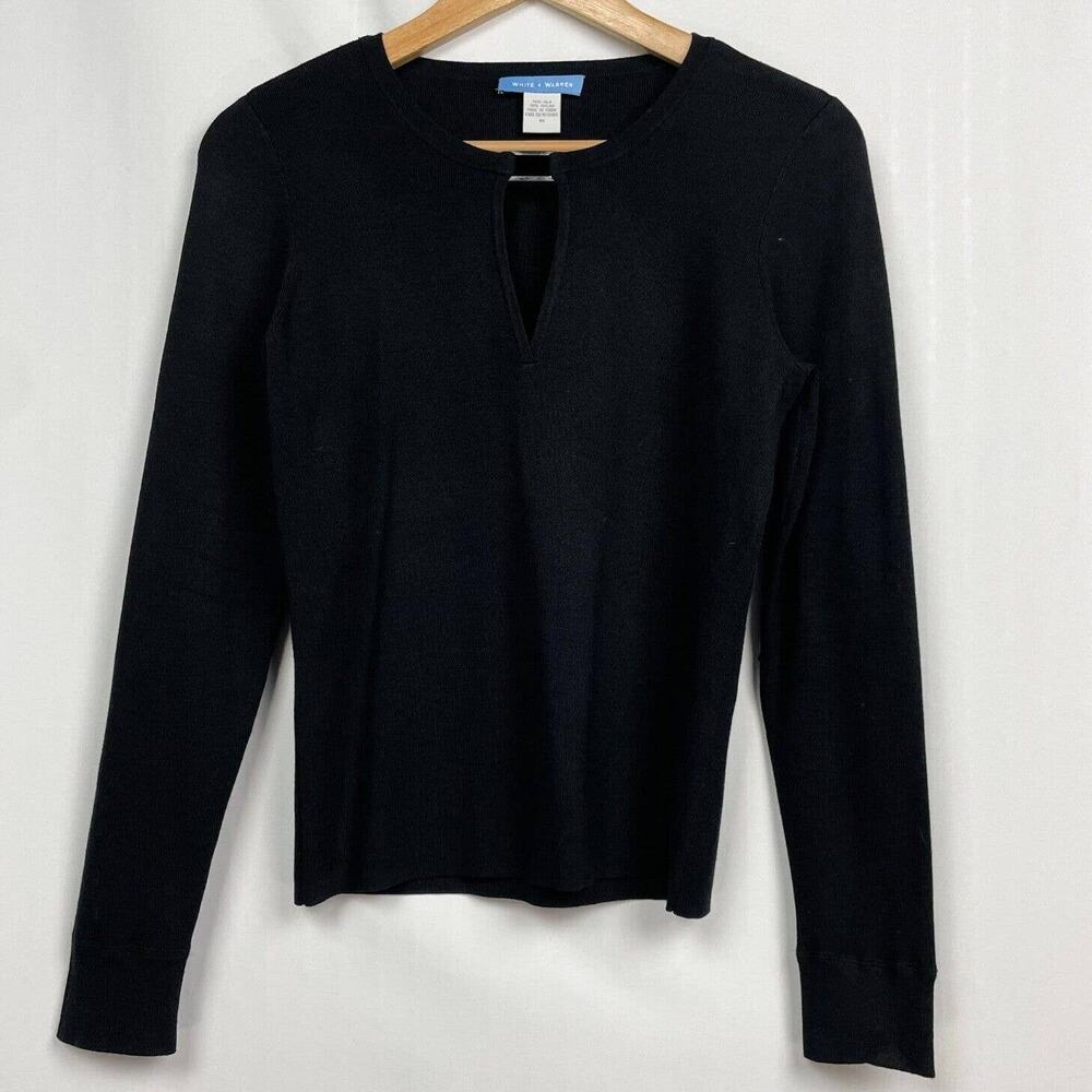 White + Warren Keyhole Silk Blend Sweater Size M Black Knit‎ Pullover Minimalist